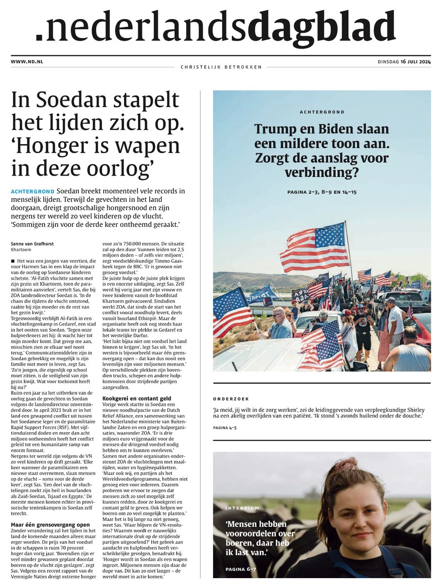 dutchrelief (@dutchrelief) on Twitter photo Vandaag opent het <a href="/ndnl/">Nederlands Dagblad</a> terecht met een artikel van @sannevgrafhorst om aandacht te vragen voor de schrijnende en ongekend grote crisis in #Soedan. In het artikel ook een verwijzing naar de <a href="/DutchRelief/">dutchrelief</a> Alliance, die iom <a href="/MinBZ/">Ministerie van Buitenlandse Zaken</a> 3 miljoen extra inzet voor noodhulp. Vandaag opent het <a href="/ndnl/">Nederlands Dagblad</a> terecht met een artikel van @sannevgrafhorst om aandacht te vragen voor de schrijnende en ongekend grote crisis in #Soedan. In het artikel ook een verwijzing naar de <a href="/DutchRelief/">dutchrelief</a> Alliance, die iom <a href="/MinBZ/">Ministerie van Buitenlandse Zaken</a> 3 miljoen extra inzet voor noodhulp.