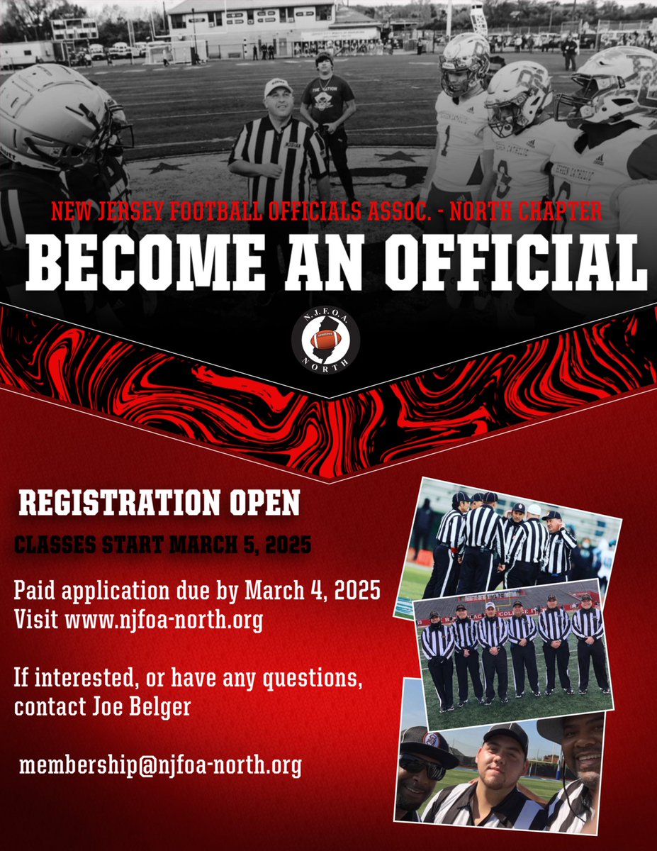 NJFOA_North's tweet photo. Interested in becoming a football official? Visit https://t.co/XidJwFWv1N for more information!  Classes start March, 2025. 
#football #footballofficials #footballiscoming https://t.co/mKgSnJNN9I
