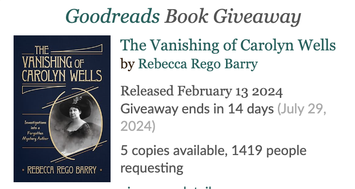 Rebecca Rego Barry (@rrb_writer) on Twitter photo Goodreads Giveaway! 5 signed copies of "The Vanishing of Carolyn Wells." Enter to win: goodreads.com/book/show/1866… <a href="/finebooks/">Fine Books Magazine</a> <a href="/BookCougars/">Book Cougars Podcast</a> @kaskew <a href="/DebraEnglander/">Debra Englander</a> Goodreads Giveaway! 5 signed copies of "The Vanishing of Carolyn Wells." Enter to win: goodreads.com/book/show/1866… <a href="/finebooks/">Fine Books Magazine</a> <a href="/BookCougars/">Book Cougars Podcast</a> @kaskew <a href="/DebraEnglander/">Debra Englander</a>