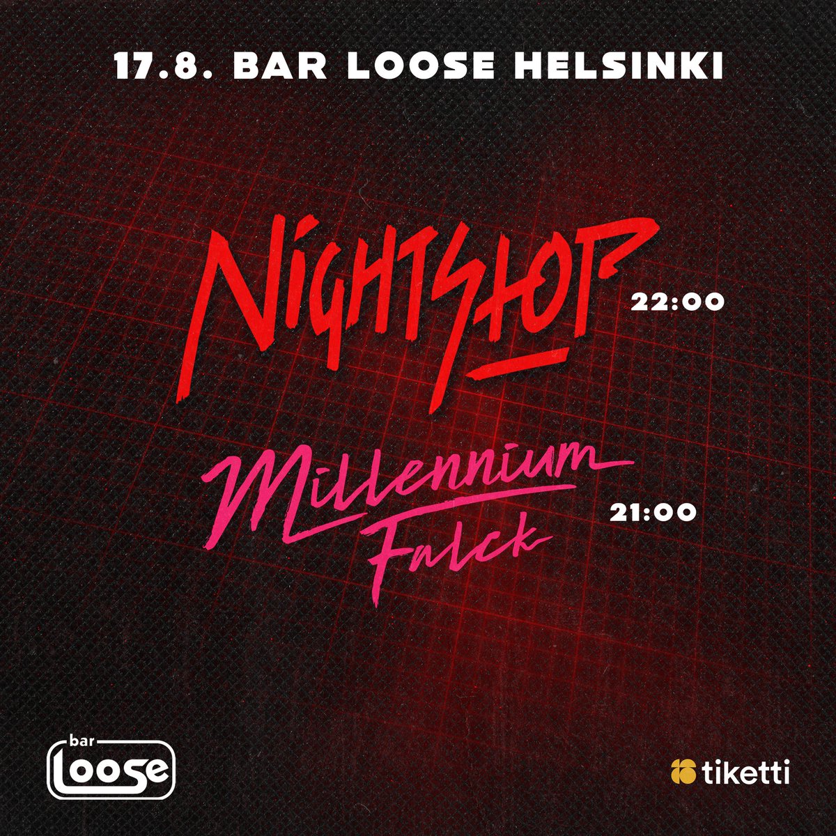 NIGHTSTOP at <a href="/BarLooseHEL/">Bar Loose</a>  on 17.8.2024!!
Supported by Millennium Falck !

DOORS:
20:30
MILLENIUM FALCK:
21:00
NIGHTSTOP:
22:00

Tickets are available at Tiketti!

tiketti.fi/nightstop-mill…

Merch is sold at the venue!

#synthwave #nightstop #synth #retro