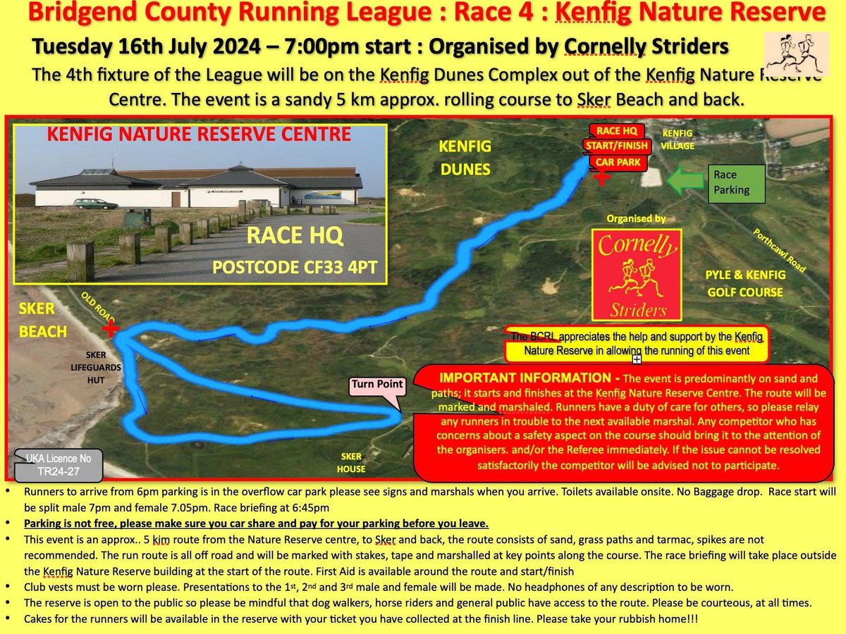 Race day is here and we’re heading to Kenfig Nature Reserve for event 4️⃣ in the series.

Hosted by <a href="/CornellyStrider/">CornellyStriders</a> you’ll need to remember:
🎽your club vest
🎟️your race number
🕖 the race starts at 7pm

All the info⬇️

#BCRL2024