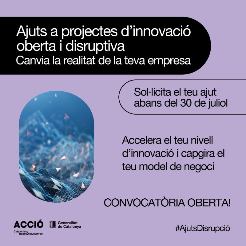 accio_cat's tweet photo. 🚀 T’agradaria accelerar el teu nivell d’innovació i capgirar el model de negoci? 
Els Ajuts a projectes d’innovació oberta i disruptiva són l’empenta que necessites! Et permetran posar en pràctica aquella idea que pot canviar la realitat de la teva empresa.
👉 Informa-te’n!