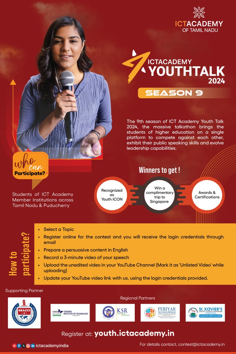 ictacademyindia's tweet image. ICT Academy Youth Talk 2024 Registration is now open!

ICT Academy is excited to invite students across Tamil Nadu and Puducherry to join the Massive Talkathon.

Register now at: youth.ictacademy.in/talk2024/

#ICTAcademy #YouthTalk2024 #YLS24 #Talkathon #PublicSpeaking
