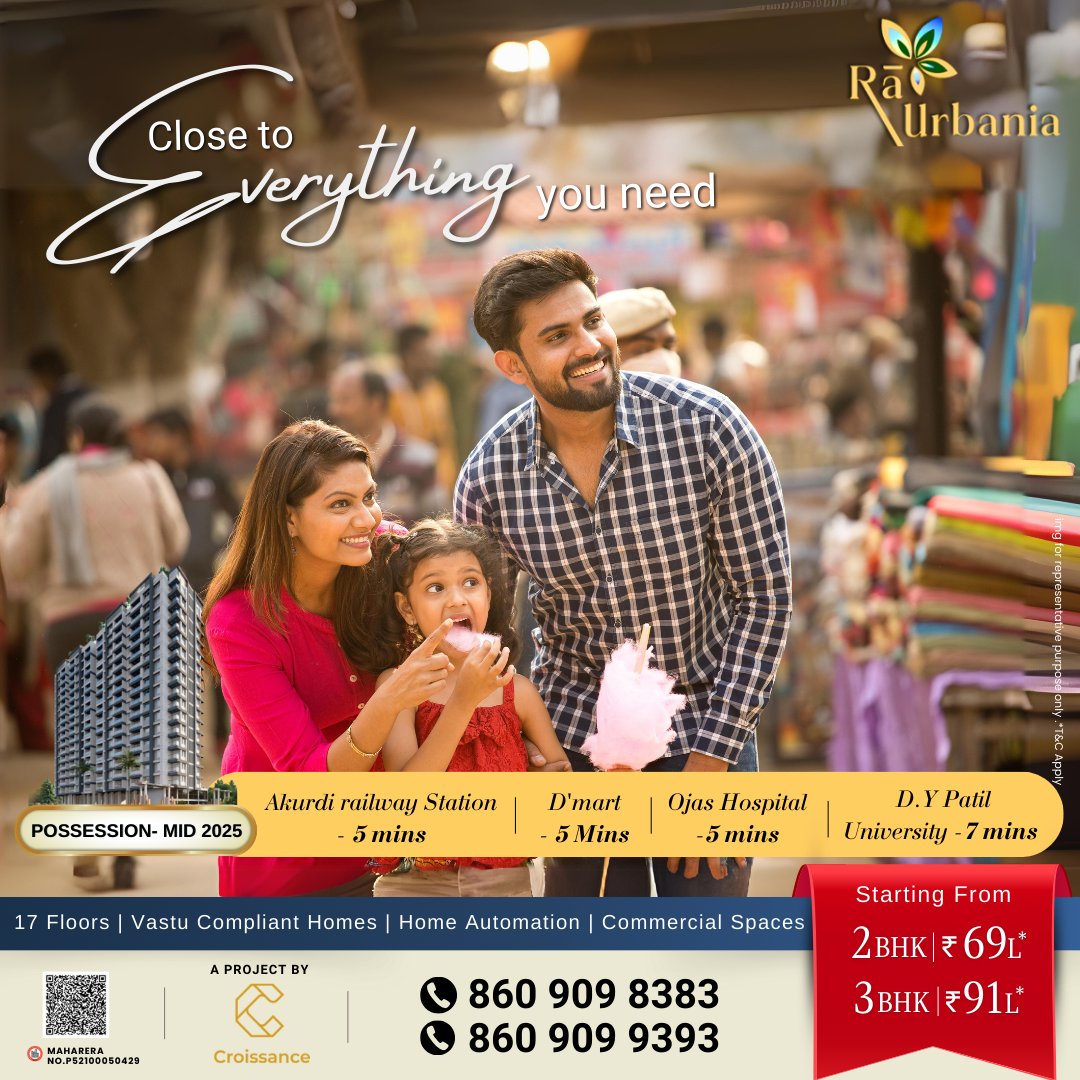 _croissance_'s tweet photo. Experience the ultimate convenience at Ra Urbania in Ravet, where everything you need is just minutes away. With Akurdi Railway Station, D'mart, Ojas Hospital, and D.Y Patil University all within a 5-minute radius, embrace a lifestyle of ease and accessibility. 👪 https://t.co/32WbZomOIj