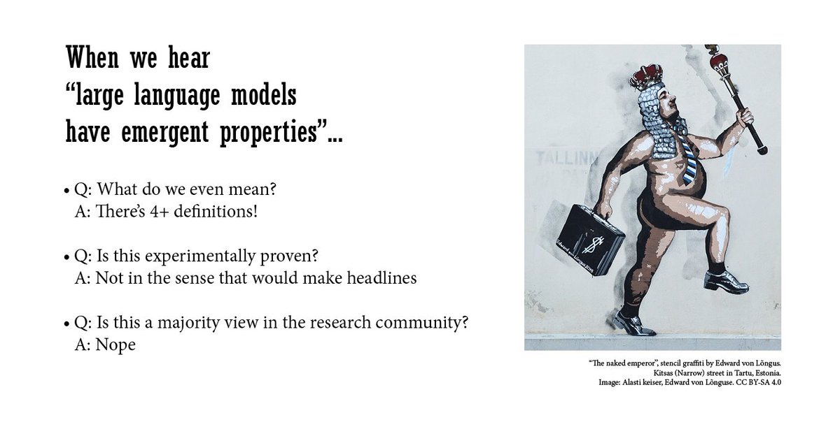 Anna Rogers (@annargrs) on Twitter photo 📢 New big post: A sanity check on LLM emergent properties
Read at hackingsemantics .xyz / emergence
This is a summary of my fav part from our ICML24 position paper with <a href="/SashaMTL/">Sasha Luccioni, PhD 🦋🌎✨🤗</a> + the poll results from 200+ NLP researchers.
TLDR: We have more confusion than evidence. /1 📢 New big post: A sanity check on LLM emergent properties
Read at hackingsemantics .xyz / emergence
This is a summary of my fav part from our ICML24 position paper with <a href="/SashaMTL/">Sasha Luccioni, PhD 🦋🌎✨🤗</a> + the poll results from 200+ NLP researchers.
TLDR: We have more confusion than evidence. /1