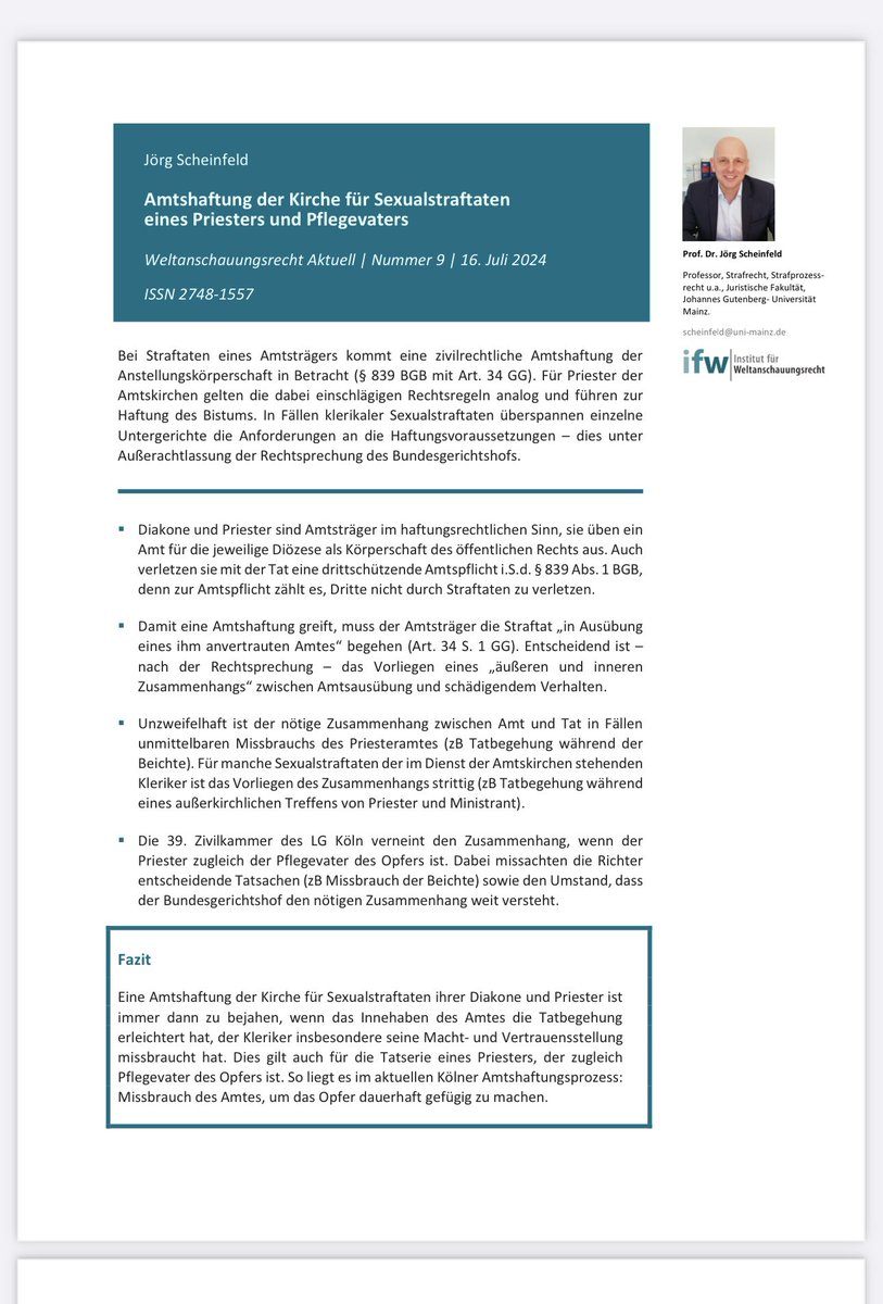 Unser Direktor hat sich mit einem aktuellen Fall am LG Köln zur Frage der Amtshaftung der Kirche für Sexualstraftaten eines Priesters und Pflegevaters beschäftigt und kommt zu einem klaren Ergebnis:

👇🏽 #klerikalerMissbrauch 

weltanschauungsrecht.de/meldung/amtsha…

<a href="/lto_de/">Legal Tribune Online (LTO)</a> <a href="/KSTA/">Kölner Stadt-Anzeiger</a> <a href="/faznet/">Frankfurter Allgemeine</a>  1/2