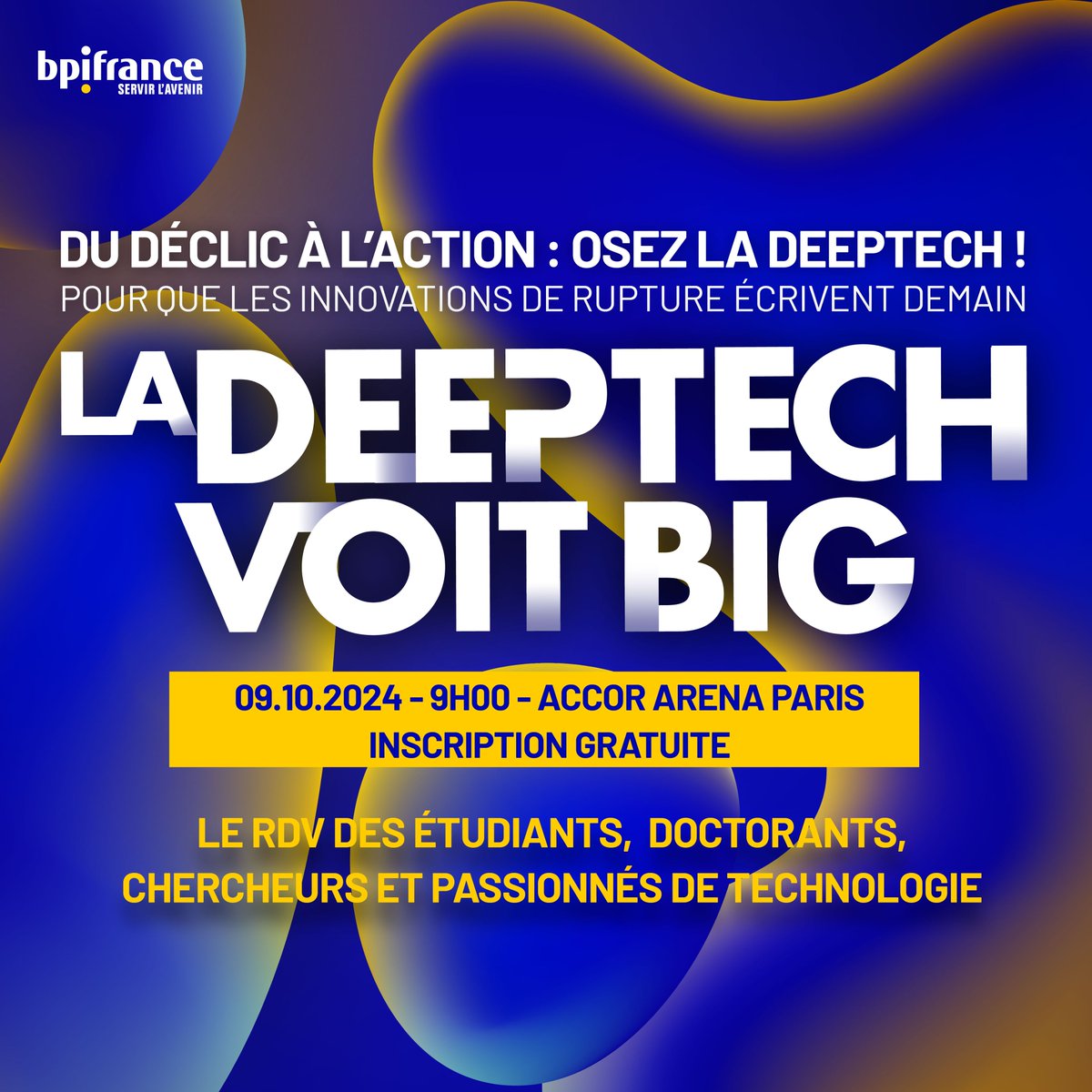 LA DEEPTECH VOIT BIG, le rendez-vous incontournable de la deeptech revient le 9 octobre à l’Accor Arena Paris 🚀

🌟La deeptech est partout, c’est tout un écosystème qui transforme en profondeur notre société et rassemble des entrepreneurs issus de tout horizon.

C'est à la
