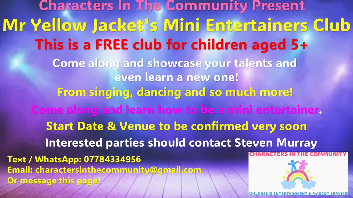 🌈 Mr Yellow Jacket's Mini Entertainers Club! 🌈

This is a FREE CLUB for children aged 5+

Come along and learn all the skills to become a mini Entertainer! 🌟 

Venue &amp; start date to be confirmed very soon.

#charactersinthecommunity #mryellowjacket #minientertainersclub