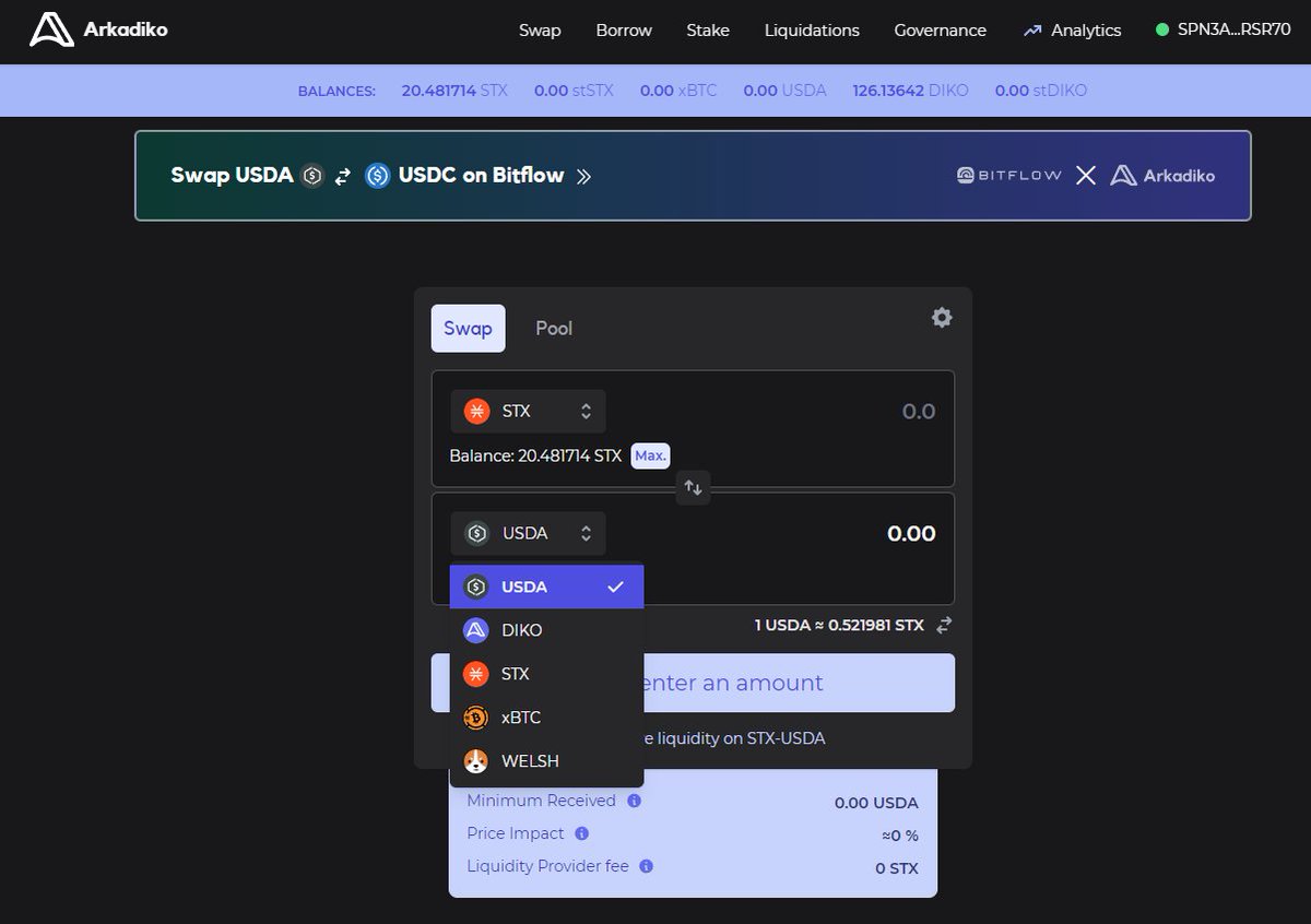 스택스 생태계 디앱 사용법 - 아카디코(ARKADIKO) 스택스 생태계 유일한 스테이블 코인 USDA 발행 디앱 POOL을 만들고  스테이킹하면 DIKO라는 아카디코 거버넌스 토큰을 얻을 수 있음 - 아카디코(Arkadiko) 1. SWAP - 말 그대로 스왑