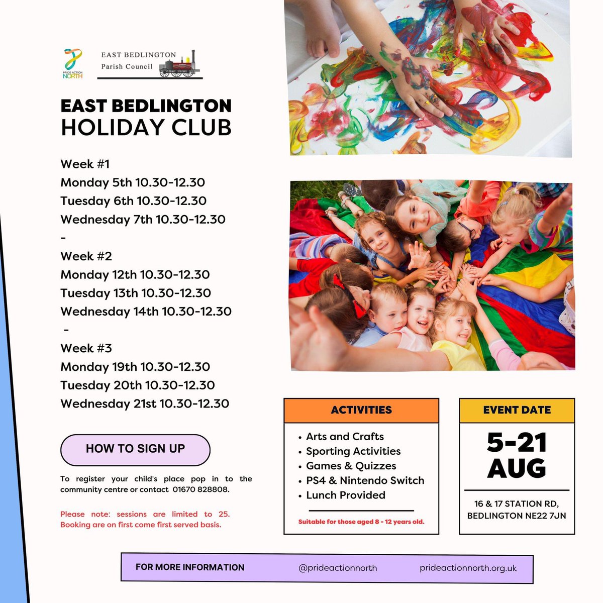 Pride Action North (@prideactionnrth) on Twitter photo We are pleased to announce that registration for our East Bedlington Holiday Club is now open.
Register now to avoid disappointment 👇
- Email : support@prideactionnorth.org.uk
- Telephone : 01670 828808
#PrideActionNorth #LGBTQIA We are pleased to announce that registration for our East Bedlington Holiday Club is now open.
Register now to avoid disappointment 👇
- Email : support@prideactionnorth.org.uk
- Telephone : 01670 828808
#PrideActionNorth #LGBTQIA