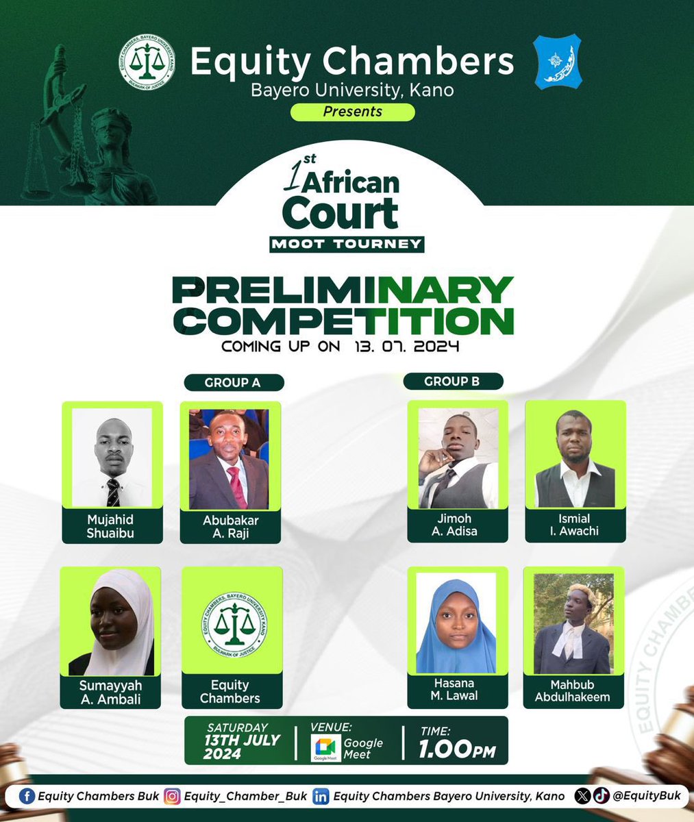 EquityBUK's tweet photo. On the 13th of July Equity Chamber, BUK hosted the first African Court Moot Tourney (The Preliminary Competition).

Four participants from different teams emerged as the winners who would be moving on to the final round of the competition.
#1stafricanmoottourney #equitychambers https://t.co/SbRYM7JU5P