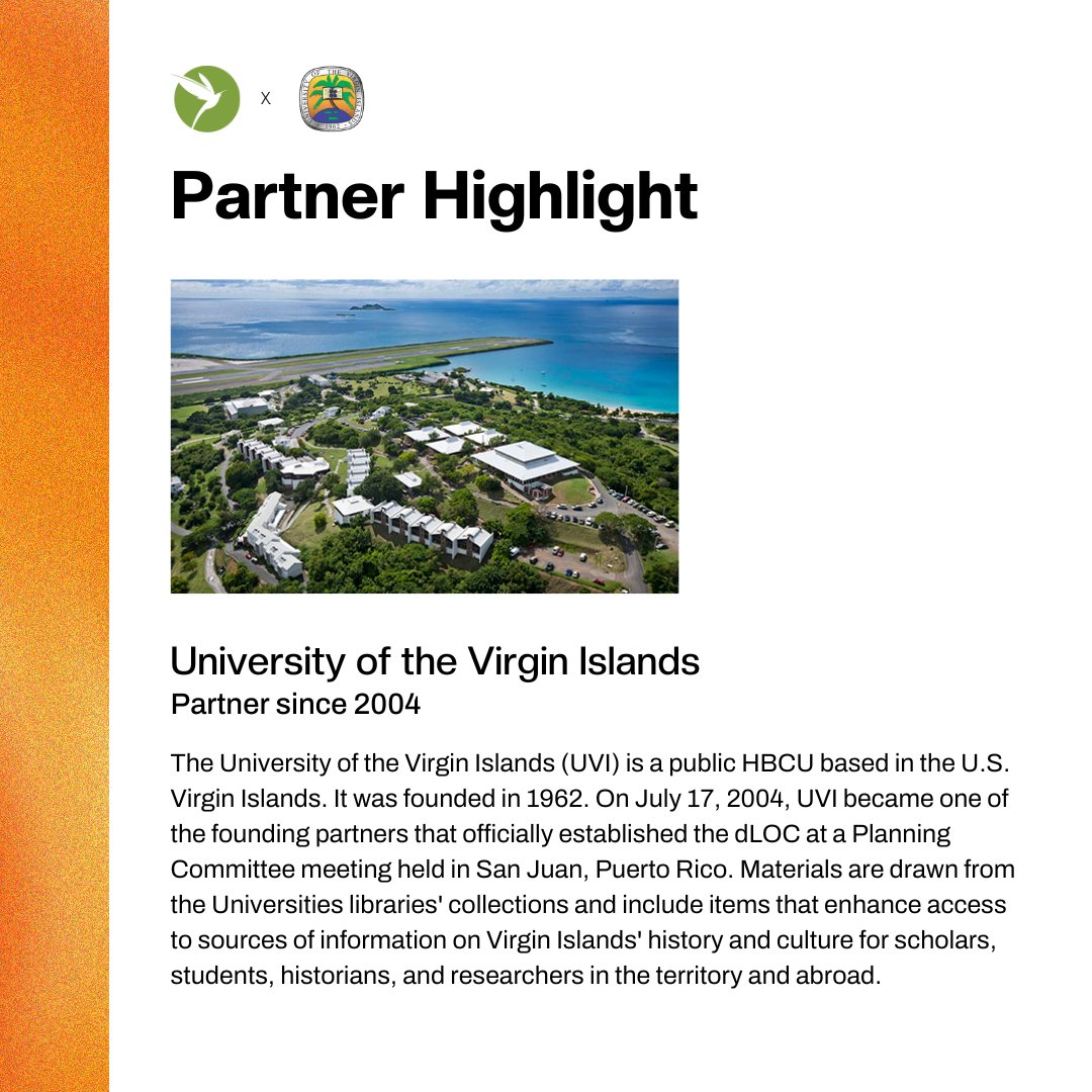 dLoCaribbean's tweet photo. Happy #dLOCPartnerHighlights day!

Today's highlight is on @UVI_edu, who is one of our founding Partners! Without UVI and Judith Rogers, dLOC wouldn't be here today. UVI's collections on dLOC include 10k+ items on Virgin Islands' history and culture! https://t.co/NclJziewQV