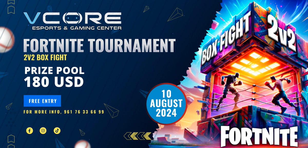 vcorecenter's tweet photo. Fortnite tournament #5
Mode : Boxfight, Duo
Single Elimination, 20 rounds
10 August, 10:00AM @ Vcore Tabarja 
Registration threw Discord or any VCore  branch
https://t.co/18nM0XEOxK

Free entry
First place 100$
Second place 50$
Third place 30$ bonus 

For more info 76336699 https://t.co/acFyeORlW0
