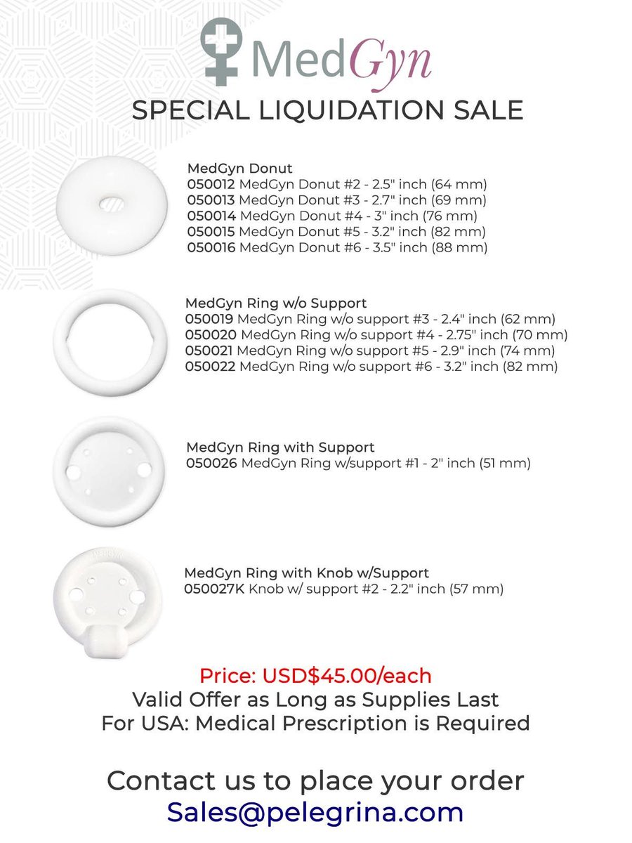 PelegrinaMed's tweet image. Hurry! Some MedGyn Pessaries are in liquidation sale while supplies last. Contact us to place your order. buff.ly/3V3knhd 
 
#MedGyn #Pessaries #Sale #PelegrinaMedical