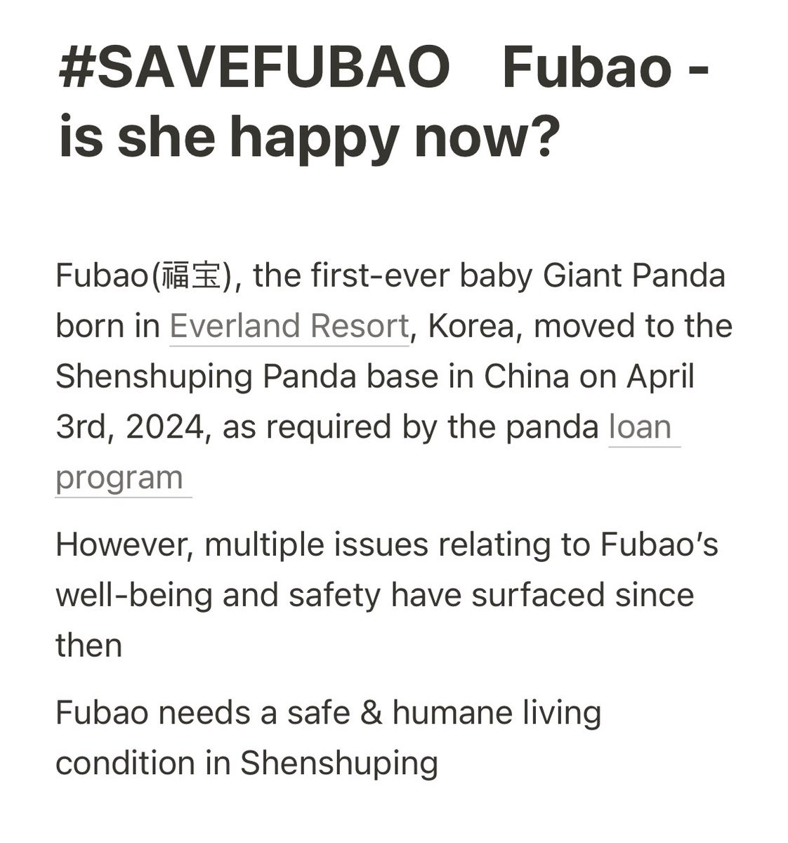 paperrrlove's tweet photo. Please read this notion. Fubao needs a safe &amp; humane living condition in Shenshuping Panda Base.
https://t.co/MSmPRBDawv
@ipandacom @hunantvchina @wsj @bbcworld @cnni @AP @AJENews @ABC @arirangworld @france24 @ChannelNewsAsia #CCRCGP #福宝想爬树 #SAVEFUBAO https://t.co/3hfw3Vv63u
