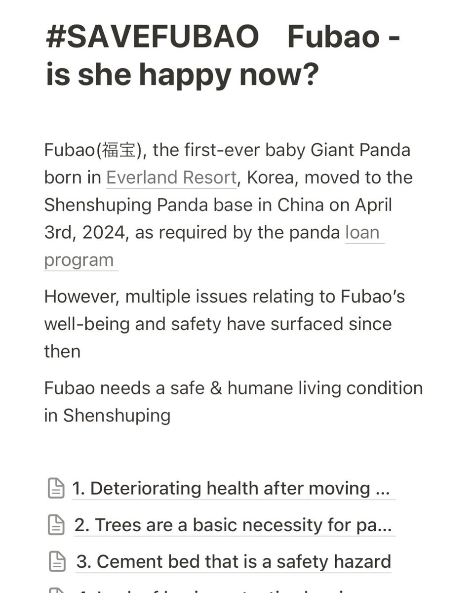 dakfubao's tweet photo. Please read this notion. Fubao needs a safe &amp; humane living condition in Shenshuping Panda Base.
https://t.co/EhNvB6MyL1
@ipandacom @hunantvchina @wsj @bbcworld @cnni @AP @AJENews @ABC @arirangworld @france24 @ChannelNewsAsia #CCRCGP #福宝想爬树 #SAVEFUBAO https://t.co/PDaskXJYEQ