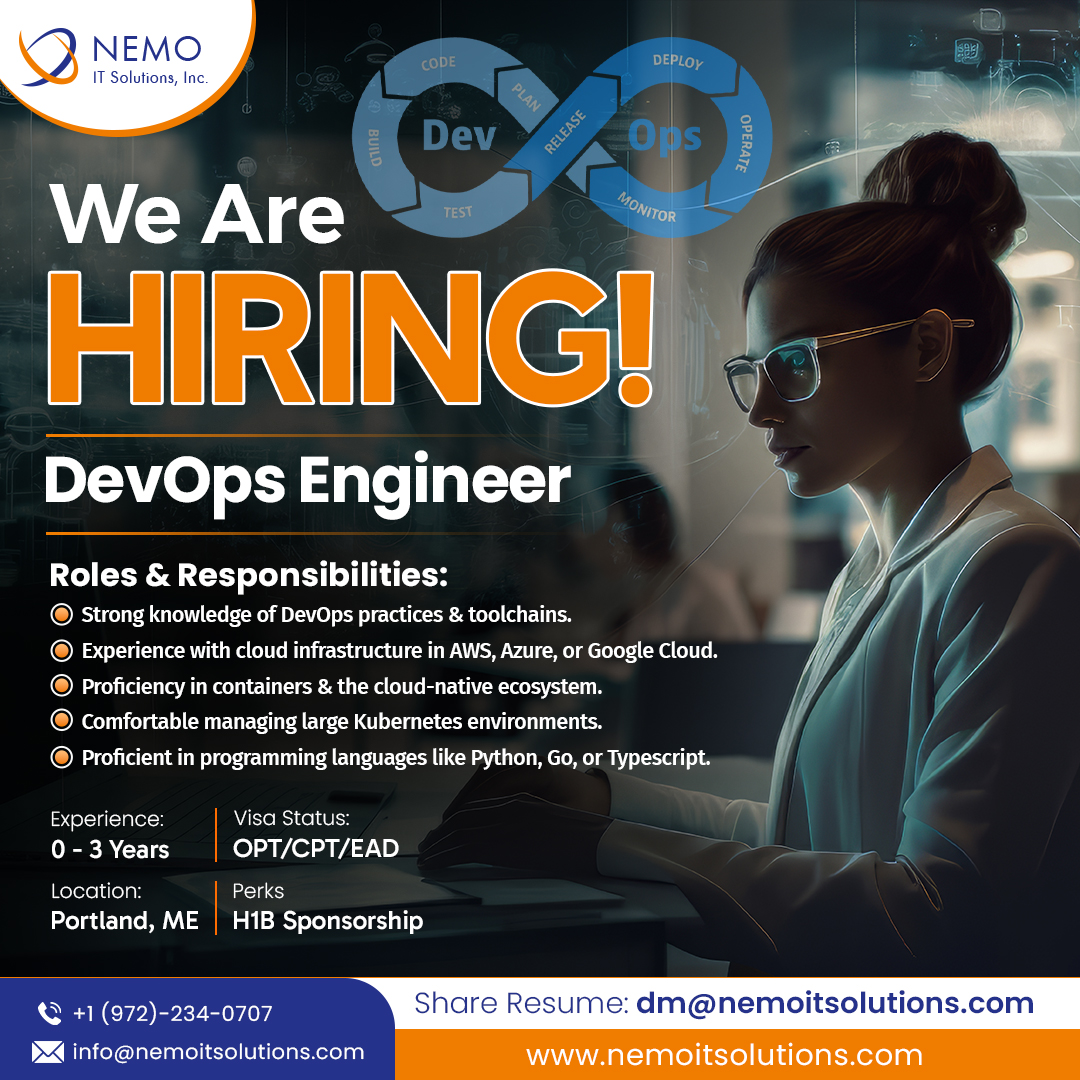 nemoitsolutions's tweet image. Role - DevOps Engineer
Experience - 0 - 3 Years &amp;amp; Location - Portland, ME
Email Resume: dm@nemoitsolutions.com
.
.
.
.
.
#devopsengineer #devopsengineerjobsinusa #devopsengineerhiring #devopsdeveloper  #cloudengineer #cloudengineerjobs  #optjobs #cptjobs #jobsinusa