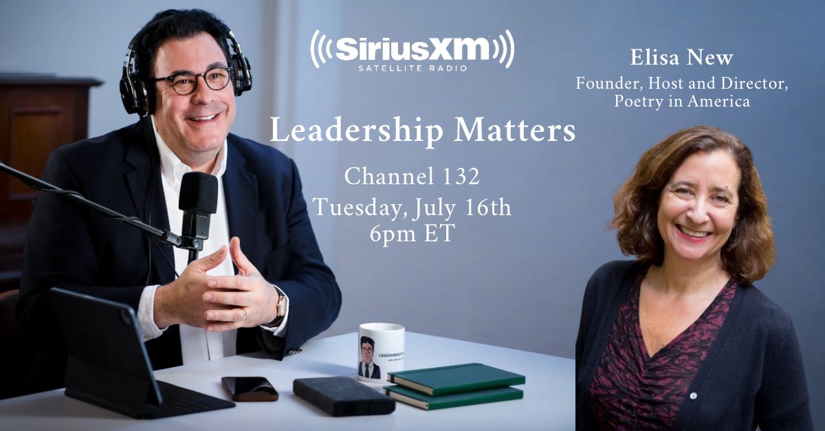 PoetryInAmerica's tweet image. Tune in tomorrow at 6 pm ET to Sirius XM channel 132 for Poetry in America host Elisa New’s interview with @AHHFleischmann for #LeadershipMattersSXM.