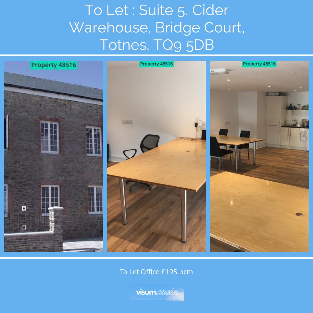 Suite 5, Cider Warehouse, Bridge Court, Totnes, TQ9 5DB

🛏 0 bed 
🛋 0 reception 
🚿 0 bath 

To Let Office £195 pcm 

📲 Get in touch with our team today! 

📞01455 364911 
📧 onthemarket-enquiries@visum.co.uk