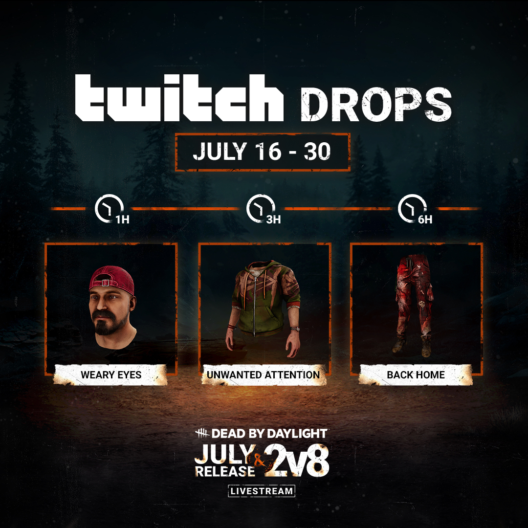 DeadbyDaylight's tweet photo. ➡ Pre-register now and start earning these Twitch Drops today at 11AM ET during our July Release &amp; 2v8 Livestream!

🔗 https://t.co/lPZ7uChpub https://t.co/G1yU57xsAU
