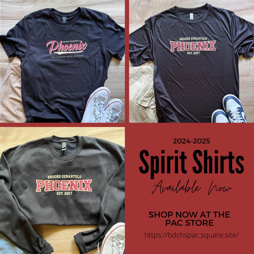 2024-2025 BDCHS Spirit Wear is here! 

As a reminder, spirit shirts can be worn on Fridays. Spirit sweatshirts can be worn any day over your BDCHS polo. 

bdchspac.square.site/s/shop