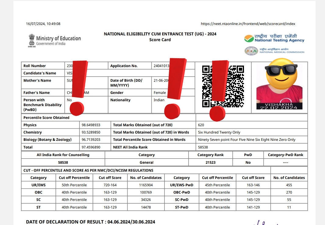 This girl had scored 719 marks with AIR 68, but after removing grace marks her score was reduced to 620 and rank became 58000, which NTA tried to hide by adding email and phone number in the result.
AIIMS Delhi to Not selection 
#neet2024scam #NEET_परीक्षा #NEETUG #NEET #UPSCScam