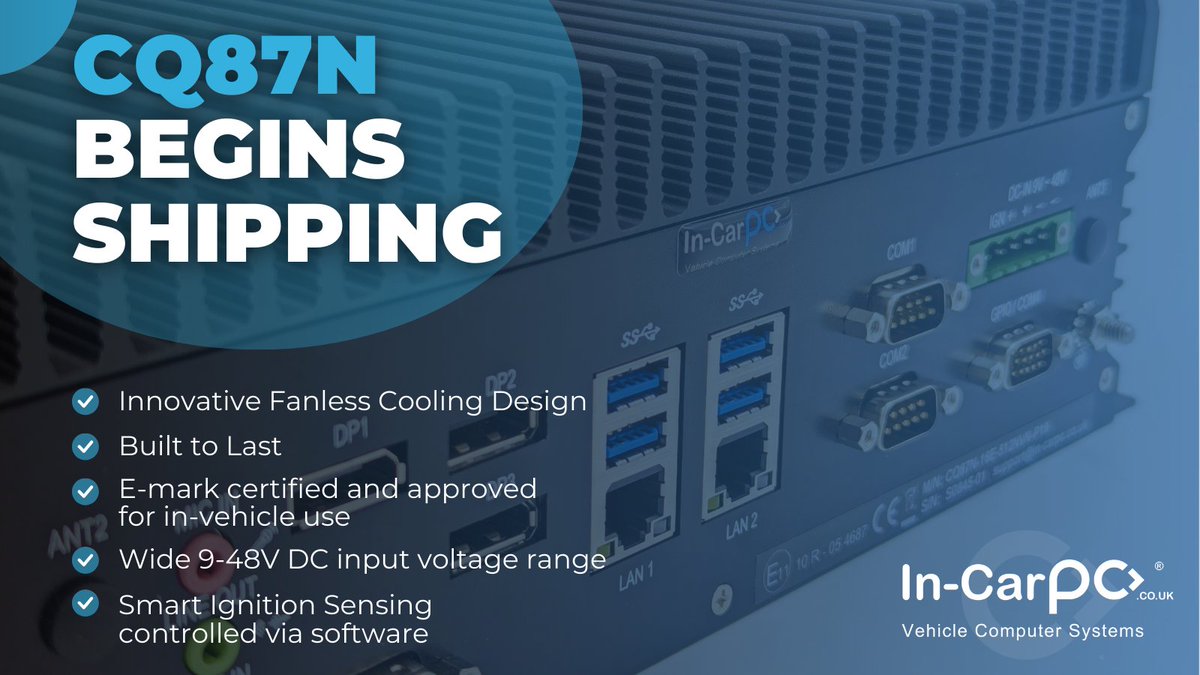 Our new robust PC, the CQ87N begins shipping!
🏜️ Ideal for extremely dusty environments
💪 Proven ruggedness through multiple MIL-STD-810G certification tests
🚗 Fully approved for in-vehicle use with E-mark certification
🕒 Long-term availability

in-carpc.co.uk