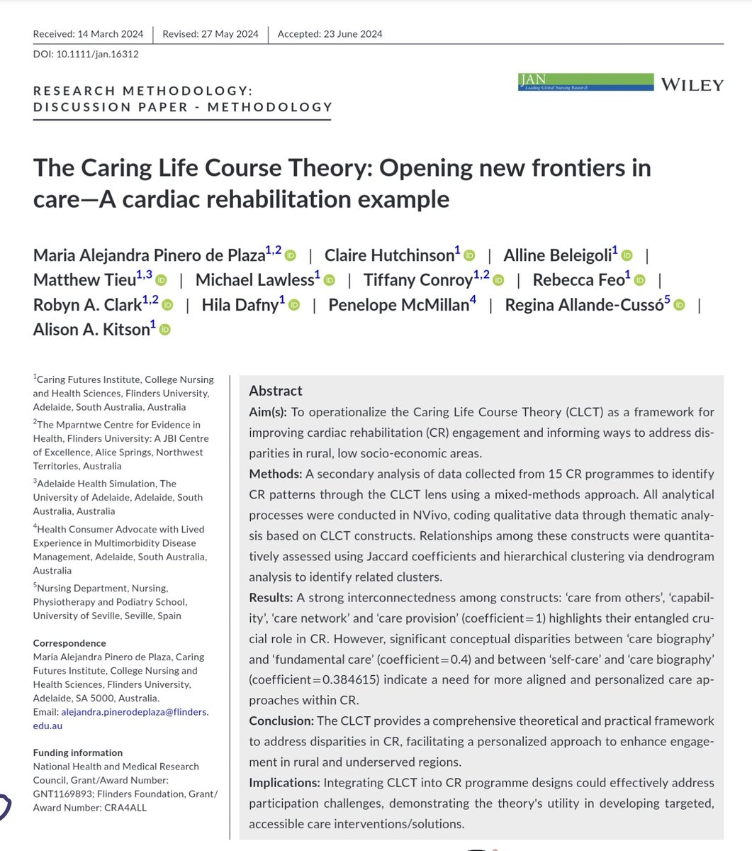 MariaAPinero's tweet photo. Unlock the secrets of improving cardiac rehab in underserved areas with the Caring Life Course Theory (CLCT). Find out how it can transform care in our latest study: https://t.co/6yuK98DTUE #CLCT #FundamentalCare @ILCconnect2care @Flinders https://t.co/DCyqMnhsD7