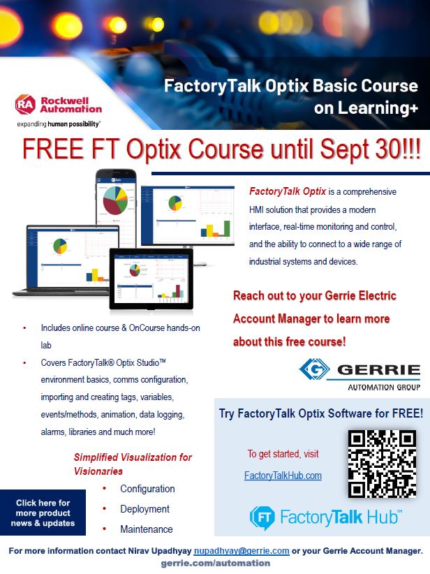✨FREE✨ FT Optix Course!!! Up your HMI game with #RockwellAutomation’s free course available to ALL!
🔥🔥🔥 
Reach out to your #GerrieElectric Account Manager for more info!
