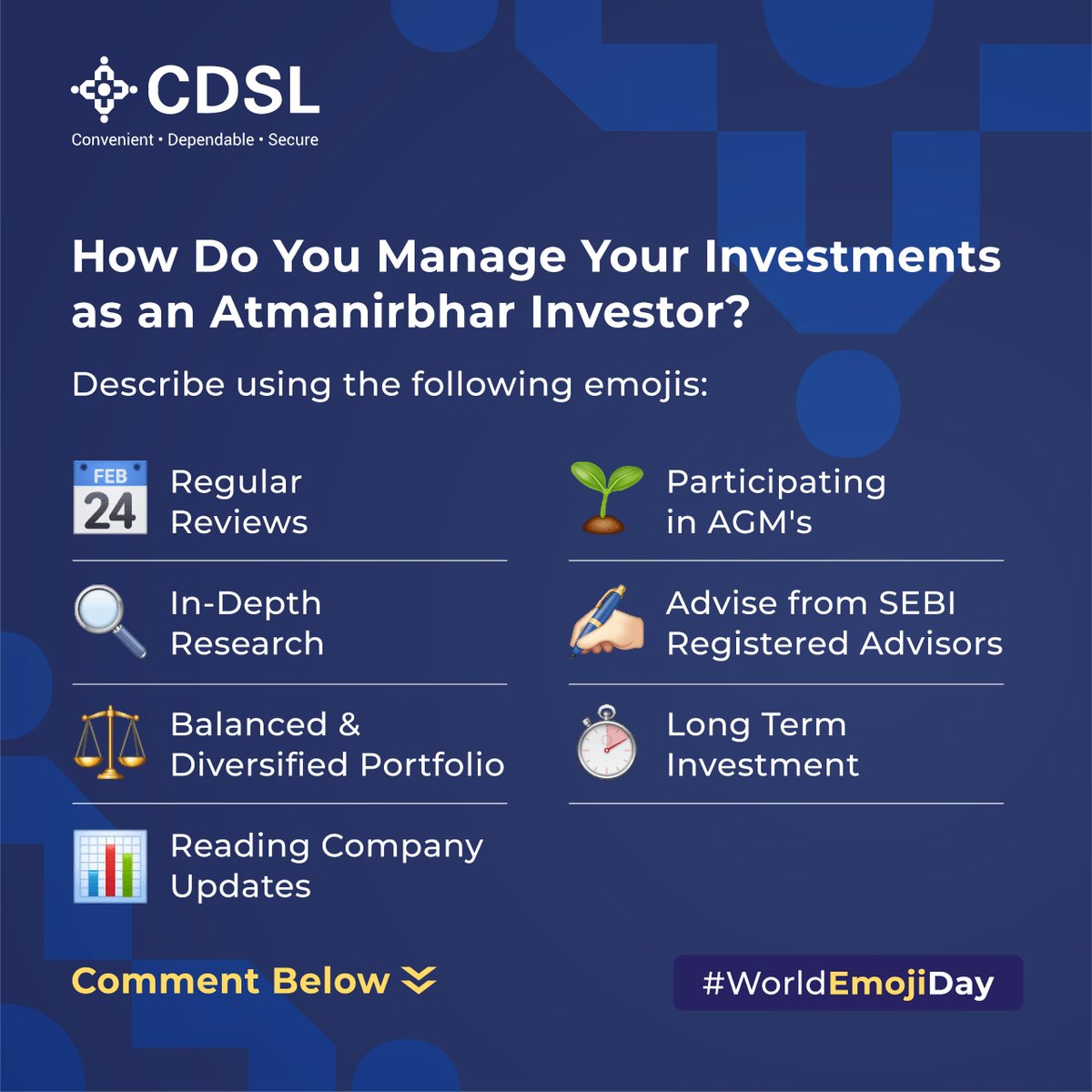 CdslIndia's tweet photo. Share rumors and unsolicited tips ❌
Share real tips as an atmanirbhar investor ✅
So, how do you manage your investments?
Comment with an emoji.
#WorldEmojiDay #EmojiDay #Emoji #CDSL #DepositoryServices #Investor #investment #AtmanirbharInvestor #BanoAtmanirbharInvestor https://t.co/ZELuW6kOEz