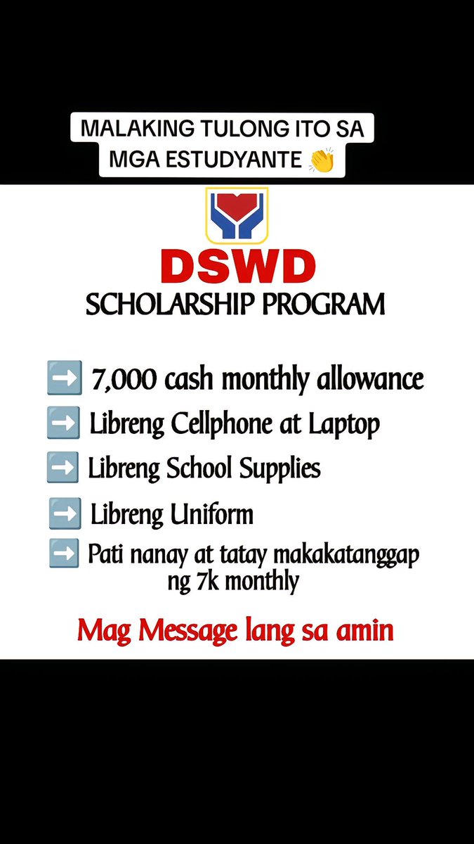 DSWD2024's tweet photo. ADVISORY ⚠️
DSWD MONTHLY EDUCATIONAL ASSISTANCE
APPLY NOW!
https://t.co/ViLHESN1uE

#DSWD #DSWDMayMalasakit #dswdeducational #CHEDACHOLARSHIP #chedscholarshipapplication #CHEDNews #CHEDScholarshipProgram #CHED #ScholarshipOpportunity #ScholarshipsAvailable #chedupdates https://t.co/47MumqosEN