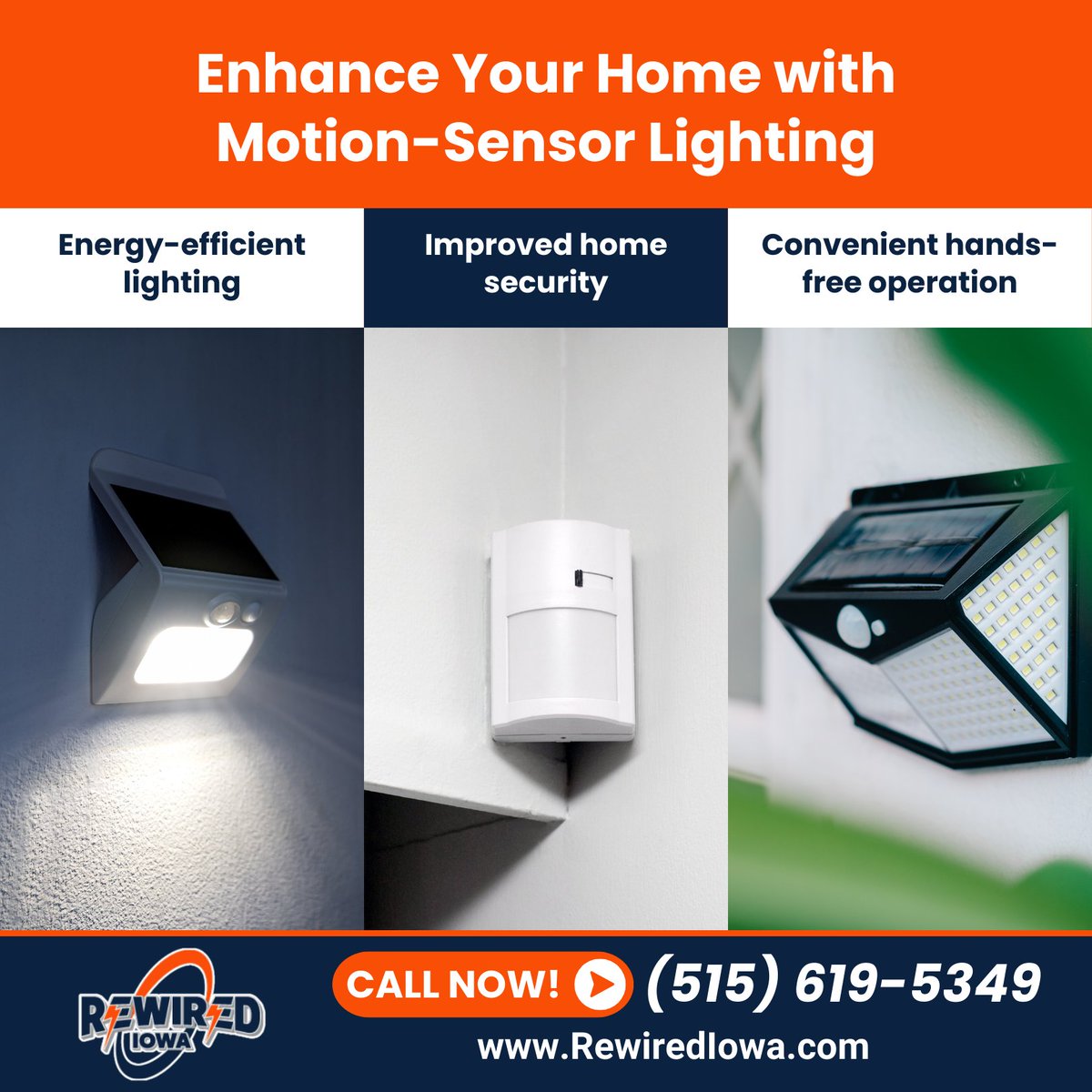 Rewirediowa's tweet image. Upgrade with motion-sensor lighting! Enjoy energy efficiency, enhanced security, and hands-free operation. Rewired Iowa offers top-notch electrical solutions in Clive IA. Call (515) 619-5349! #MotionSensorLighting #CliveIA #RewiredIowa