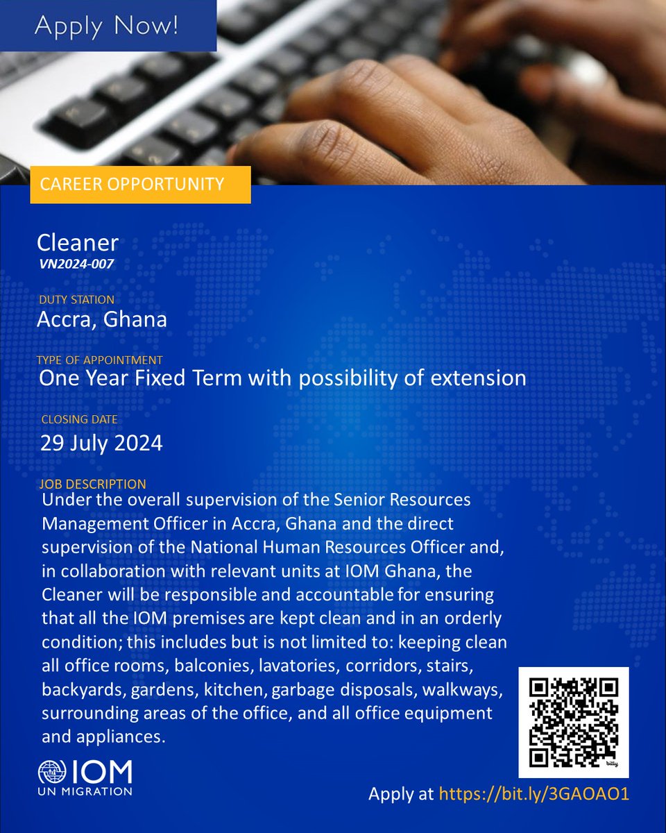 IOMGhana's tweet photo. Job Vacancy!!!  

IOM Ghana is hiring a Cleaner and Grounds keeper.

Interested candidates should apply by 29 July 2024. 

You can find all information and how to apply on our website here: https://t.co/1rPl7yGjzD https://t.co/w4icIXk442