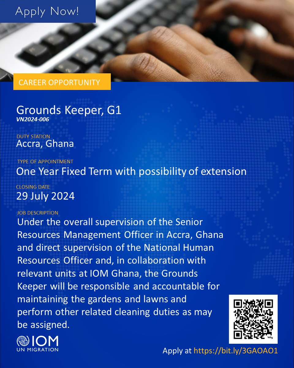 IOMGhana's tweet photo. Job Vacancy!!!  

IOM Ghana is hiring a Cleaner and Grounds keeper.

Interested candidates should apply by 29 July 2024. 

You can find all information and how to apply on our website here: https://t.co/1rPl7yGjzD https://t.co/w4icIXk442