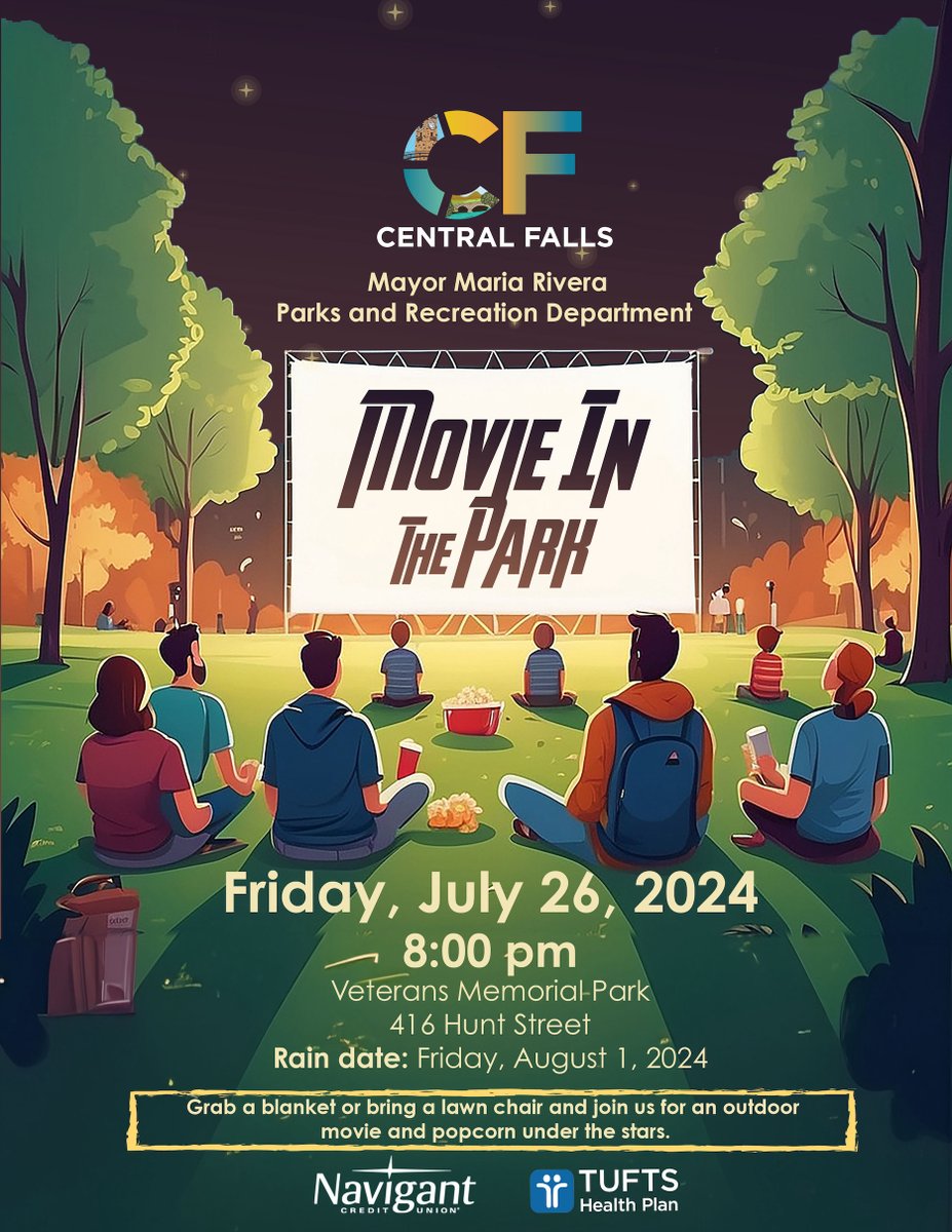 CentralFalls_RI's tweet photo. Did someone say movie in the park?! 📽🍿 Bring your blankets, snacks, family, and friends to enjoy a free family movie on the big screen and popcorn at Veterans Memorial Park July 16 at 8pm. See you under the stars! ✨ https://t.co/PYBC4Agizc