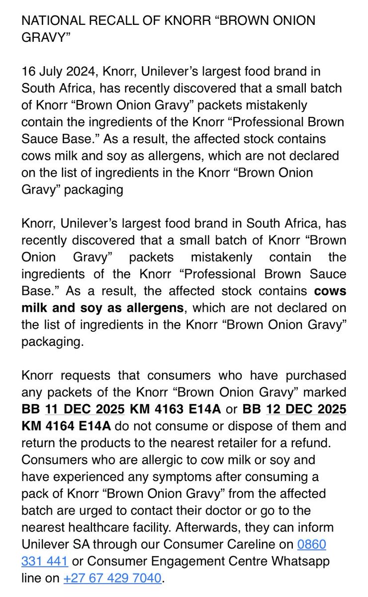 Oops! If your Knorr brown onion gravy powder seems different, here’s why - the wrong product ended up some packets.
Milk/soy allergy alert: