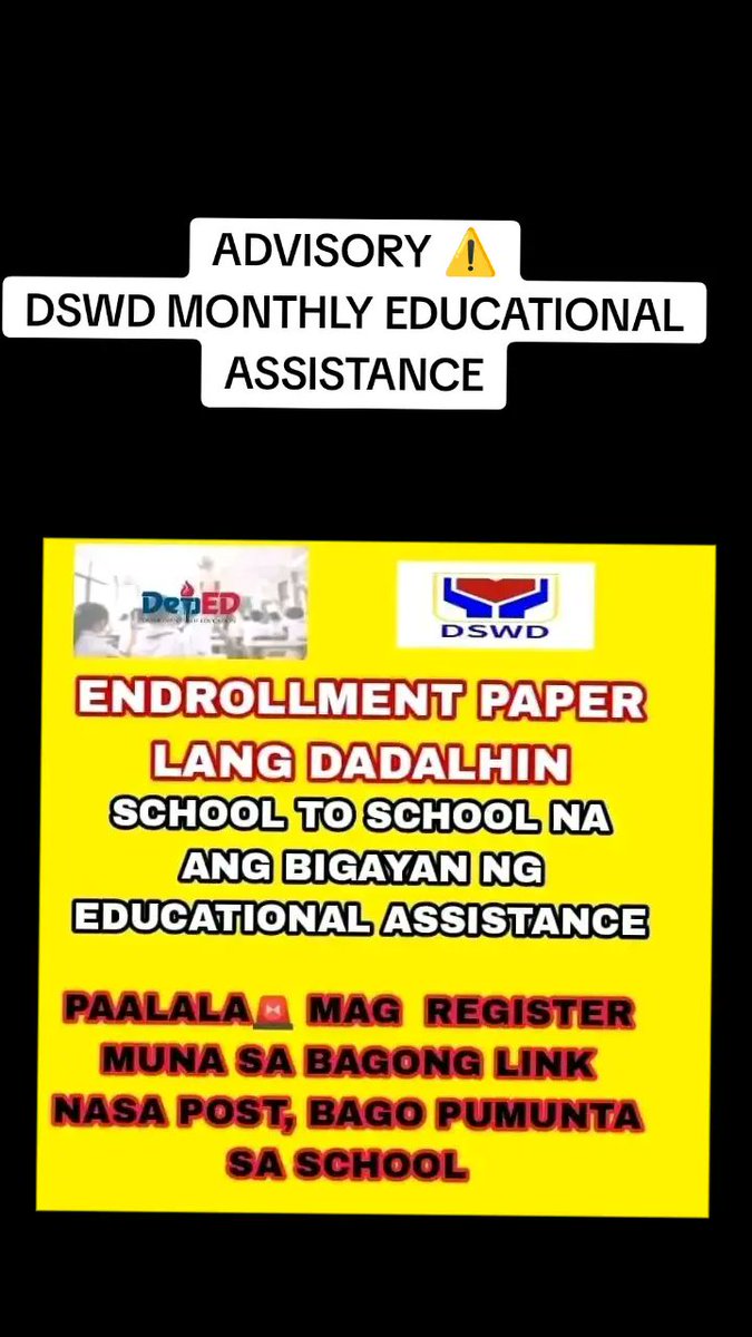 DSWD2024's tweet photo. ADVISORY ⚠️
DSWD MONTHLY EDUCATIONAL ASSISTANCE
Apply Here: 👇👇
https://t.co/LaV2bTydlp

✅ ELEMENTARY - P1,000.00

✅ HIGHSCHOOL - P2,000.00

✅ SENIOR HIGHSCHOOL - P3,000.00

✅ VOCATIONAL / COLLEGE P4,000.00

APPLY NOW!
https://t.co/ViLHESN1uE

#DSWD #DSWDMayMalasakit https://t.co/TxMWlr3cAY