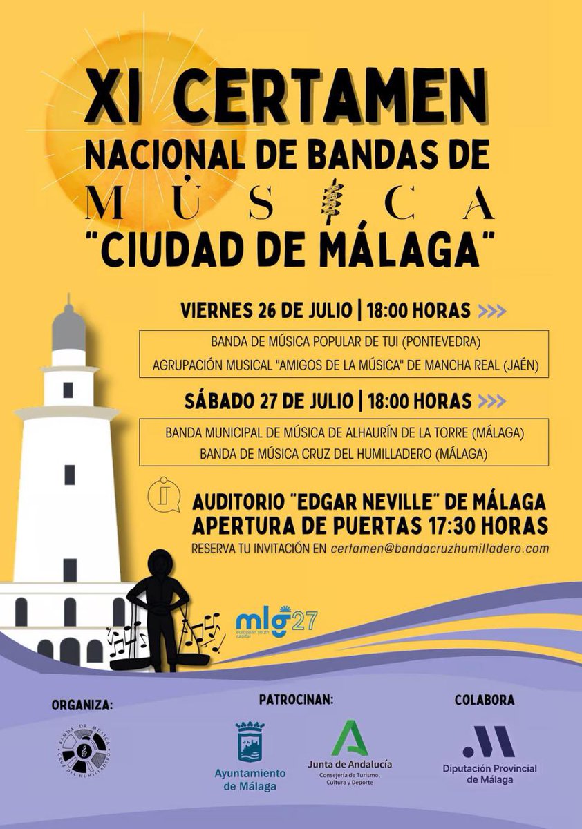 🟢 XI Certamen Nacional de Bandas de Música "Ciudad de Málaga" 🟢🟣

📅 26 de Julio 
⌚ 18:00h
📍 Auditorio Edgar Neville (Málaga)