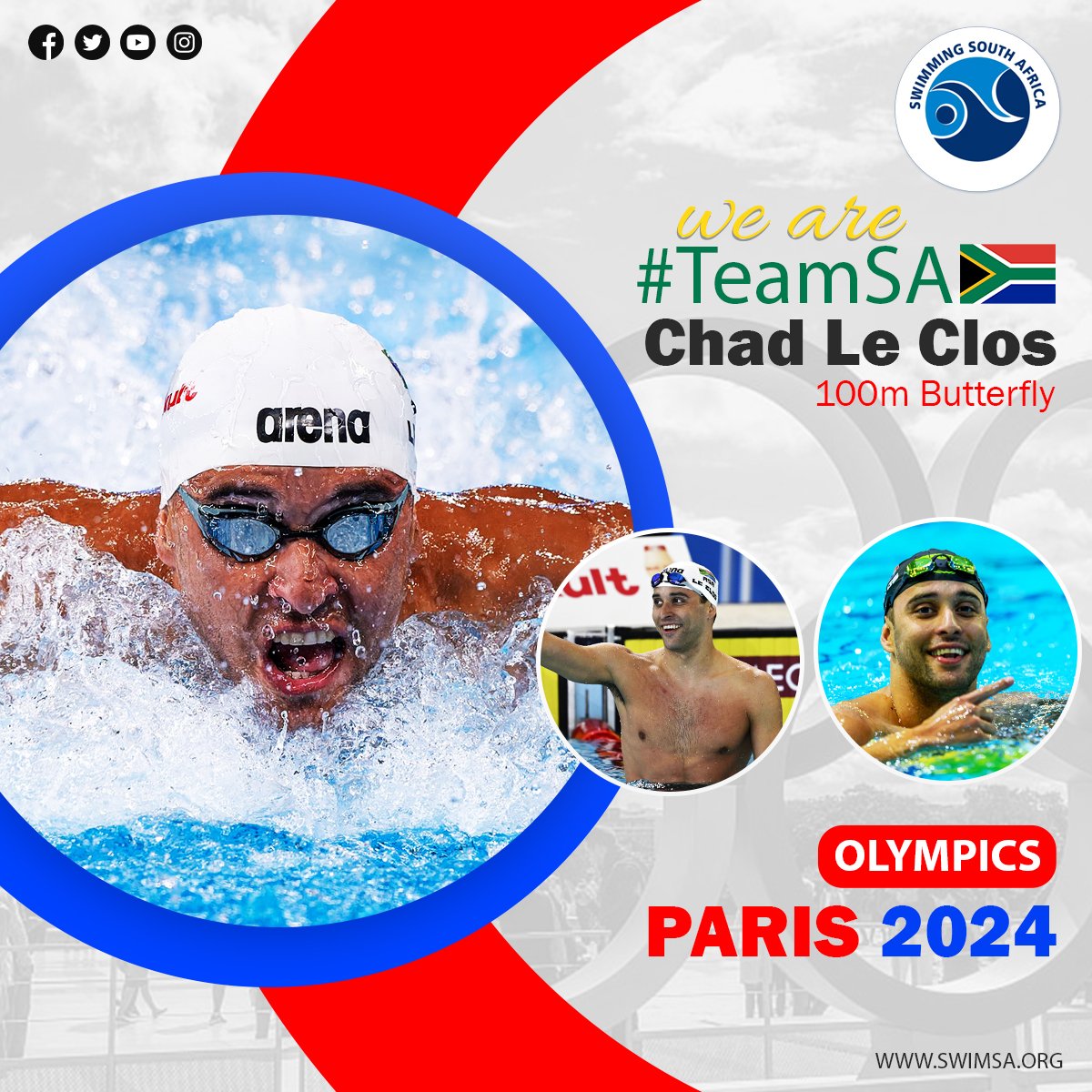 SwimSouthAfrica's tweet photo. It's almost time to rally behind our South African superstar, @chadleclos, as he dives into his final @Olympics! Let's cheer him on as he takes on the 100m Butterfly event one last time...💚💛 #TeamSA🇿🇦 #Olympics🏊🏊♂️🏊🏾♀️ #Paris2024🏅 #ForMyCountry✊ #SwimmingLegend🙌 #ChadLeClos😎 https://t.co/yDiuAKtUYE