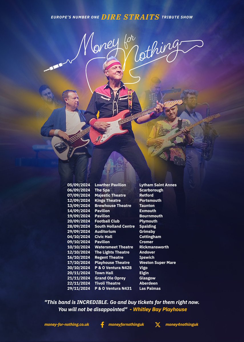 Autumn tour 2024!! It's going to be #solidrocking!! see you at a theatre near you!! #DireStraits Fans <a href="/DireStraits77/">Dire Straits 🎸</a> <a href="/gr8musicvenues/">gr8MusicVenues</a>
"This band is INCREDIBLE. Go and buy tickets for them right now. You will not be disappointed"  Whitley Bay Playhouse
