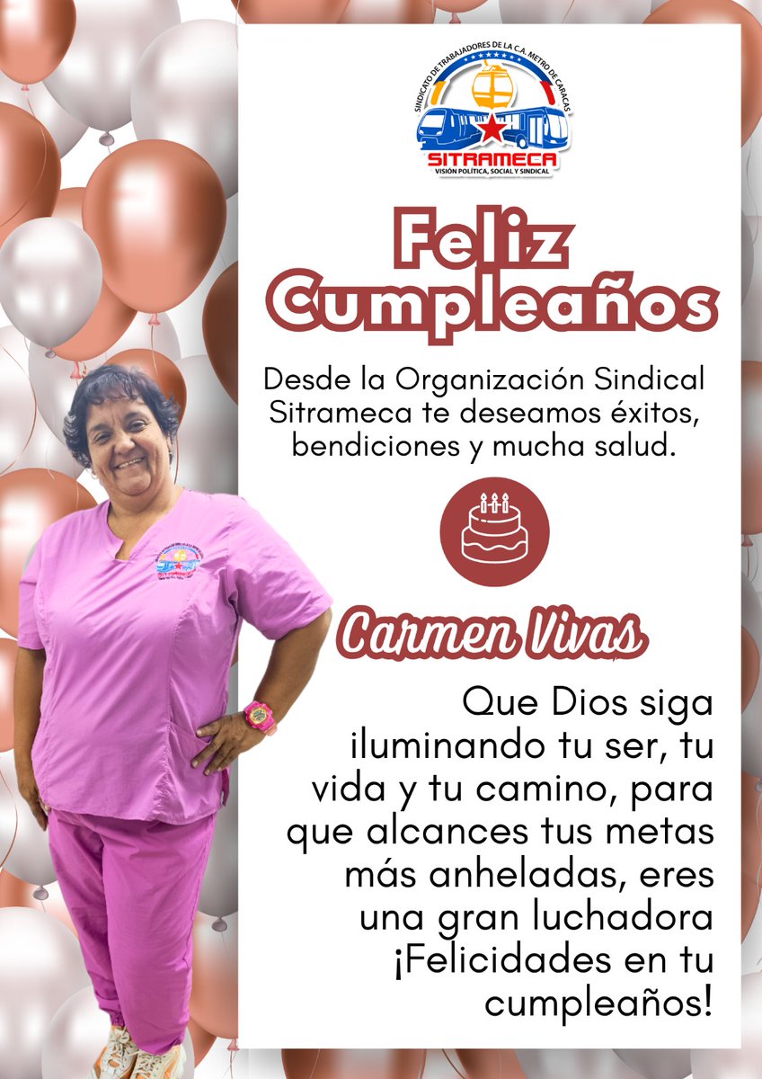 SitramecaB25's tweet photo. 🎉|| Enviamos un gran abrazo a nuestra hermana de lucha Carmen Vivas, un ser humano excepcional de gran corazón, agradecemos tu entrega, colaboración y esa sonrisa que te caracteriza; te deseamos un día lleno de luz, amor y muchas bendiciones🙏🏼
¡Feliz Cumpleaños!🥳🫂 https://t.co/kecNM7VgSO