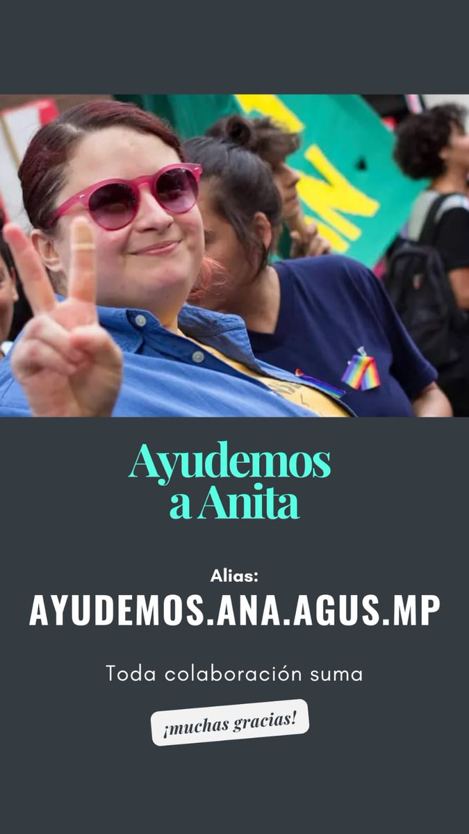 A mi amiga Anita Caram se le prendió fuego su departamento, ella está bien, pero perdió todo lo que tenía: compu, cama, ropa, libros, tele, etc, es por eso que sus amigues lanzamos una campaña para ayudarla

Si querés y podes colaborar te dejo el alias:

ayudemos.ana.agus.mp