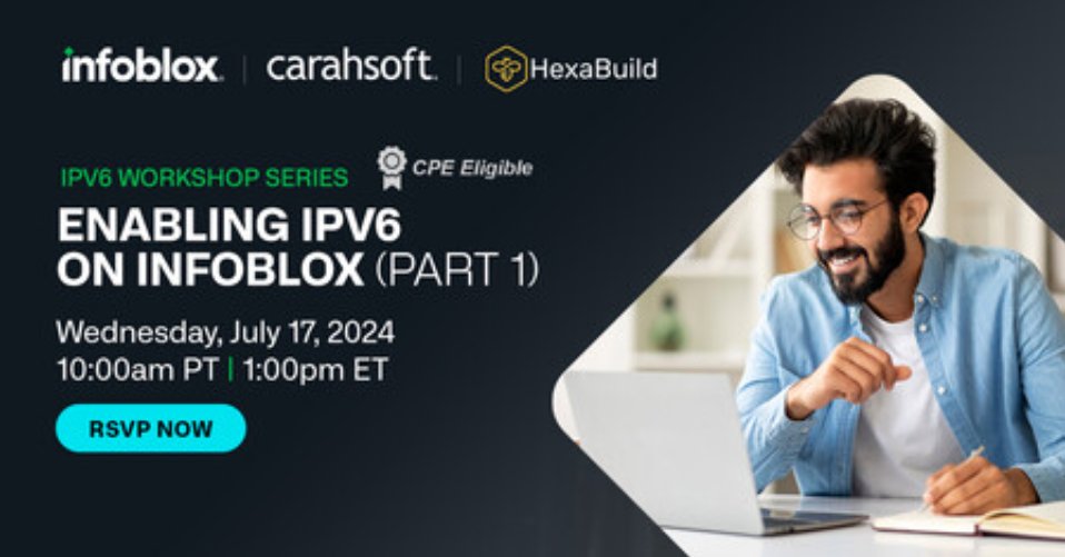 SCOTTHOGG's tweet image. Tomorrow at 10AM Pacific (1PM Eastern) is our technical training workshop on Enabling #IPv6 on #Infoblox, CPE credit for attending
tinyurl.com/3xehm22v