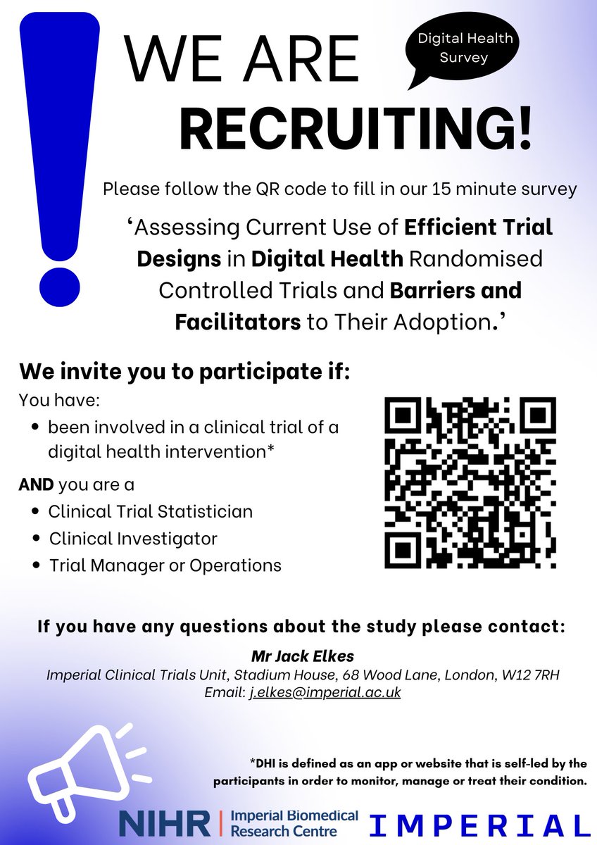 🧩Help us uncover the barriers and facilitators to using efficient methodological designs in RCTs of digital health interventions. 

Share your insights in our survey: imperial.eu.qualtrics.com/jfe/form/SV_1R…

#RCT #DigitalHealth #Research