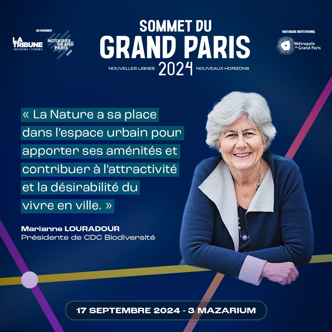 *Culture, sport, environnement, services... Quels leviers pour développer la "qualité de ville" ? (ligne 16) 🚇*

<a href="/M_Louradour/">Marianne Louradour</a>, Présidente de CDC Biodiversité, interviendra lors de cette TR au #SommetduGrandParis

📅le 17/09 
📍 Au 3 Mazarium à #Paris 
📎 👉