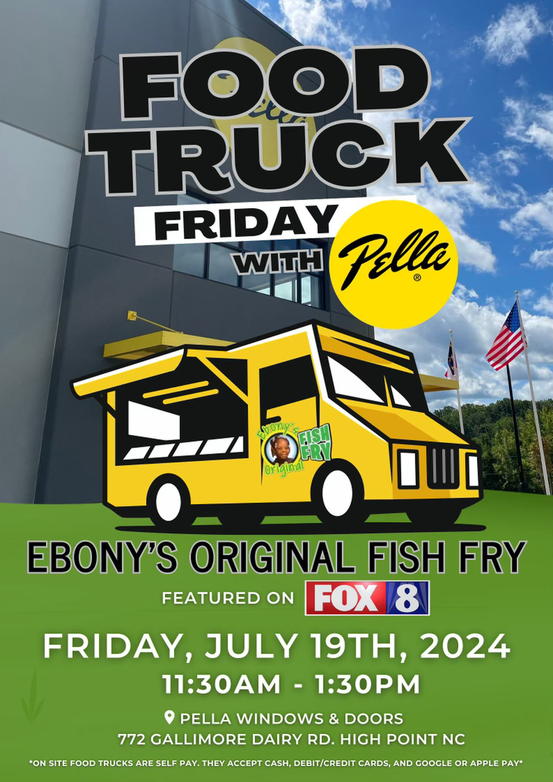 Pella_of_NC's tweet photo. It's Food Truck Friday week! Come by our HQ showroom at 772 Gallimore Dairy Rd in High Point for Ebony’s Original Fish Fry ! If you come by and set an in-home consultation for replacing your windows and doors, lunch is on us!  #foodtruck #triadnc #pella #pellanc #foodtruckfriday https://t.co/jDCgGxXTUw