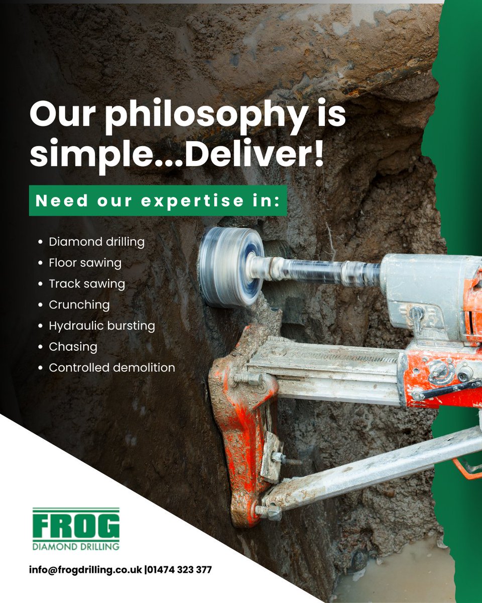 FrogDrilling's tweet photo. With 40+ years of experience, we deliver prompt, cost-effective, H&amp;S-compliant services. 

Our services: 
➡️ Diamond drilling 
➡️ Floor sawing 
➡️ Track sawing 
➡️ Crunching 
➡️ Hydraulic bursting 
➡️ Chasing 
➡️ Controlled demolition
Contact: info@frogdrilling.co.uk https://t.co/EtNU98DhRo