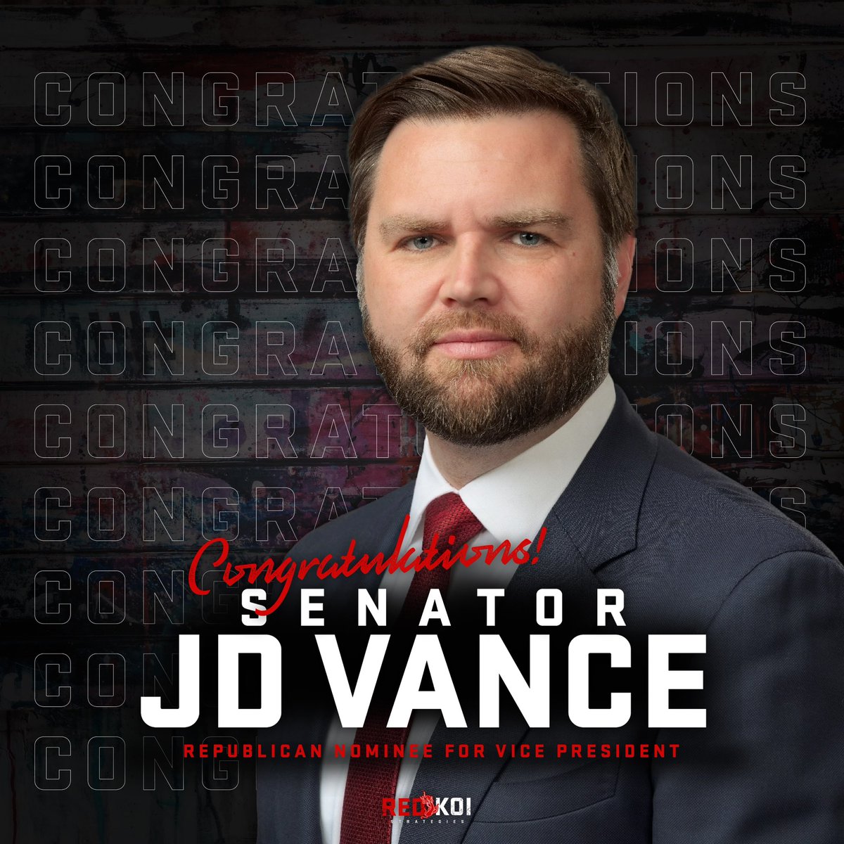 RedKoiStrategy's tweet photo. Congratulations to Senator J.D. Vance on becoming the Republican Vice Presidential nominee! #JDVance #TrumpVance #Trump2024 #VicePresident #RNC2024

https://t.co/hm1MI7j84F https://t.co/N5ZrNtTnVc
