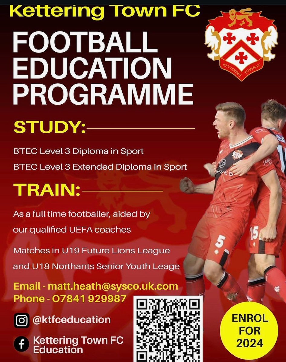 KTFC_Education's tweet photo. Let us help you plan for your future! 🔴⚫️⚽️

Kettering Town FC 16-18 Football and Education Programme.

👨‍🎓Study BTEC Level 3 Extended Diploma in Sports Coaching and Development. Equivalent of x3 A levels. Progression onto university degree programmes. https://t.co/N22XSYqgsb