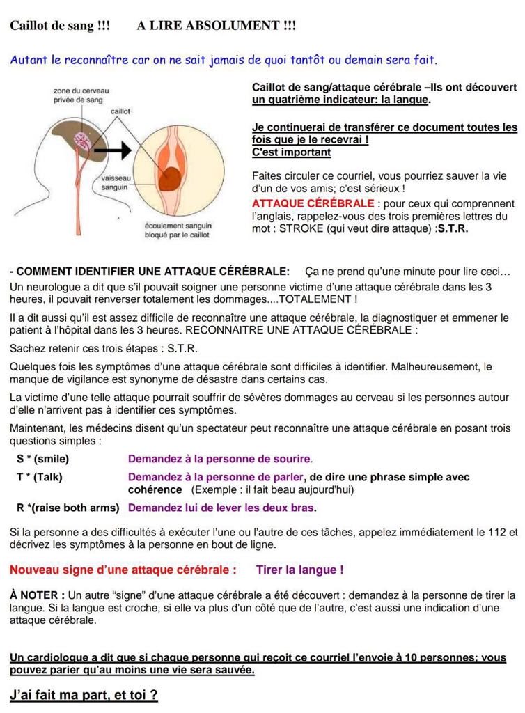 Comment identifier un AVC, cette attaque cérébrale (STROK), lisez ça ne vous prendra qu’une minute et ça peut sauver des vies…